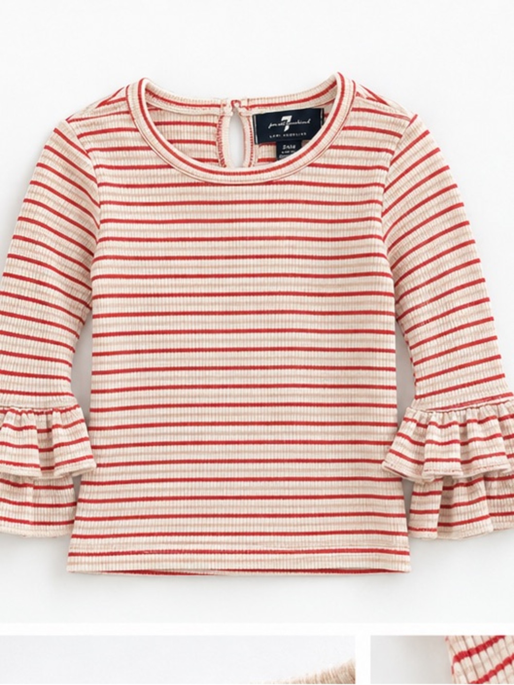 7 For All Mankind Red & Cream Striped Ruffle-Sleeve Long Sleeve Top